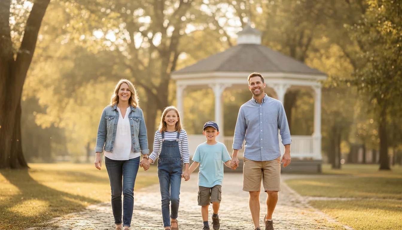 A smiling family walking together in a small-town Nebraska park