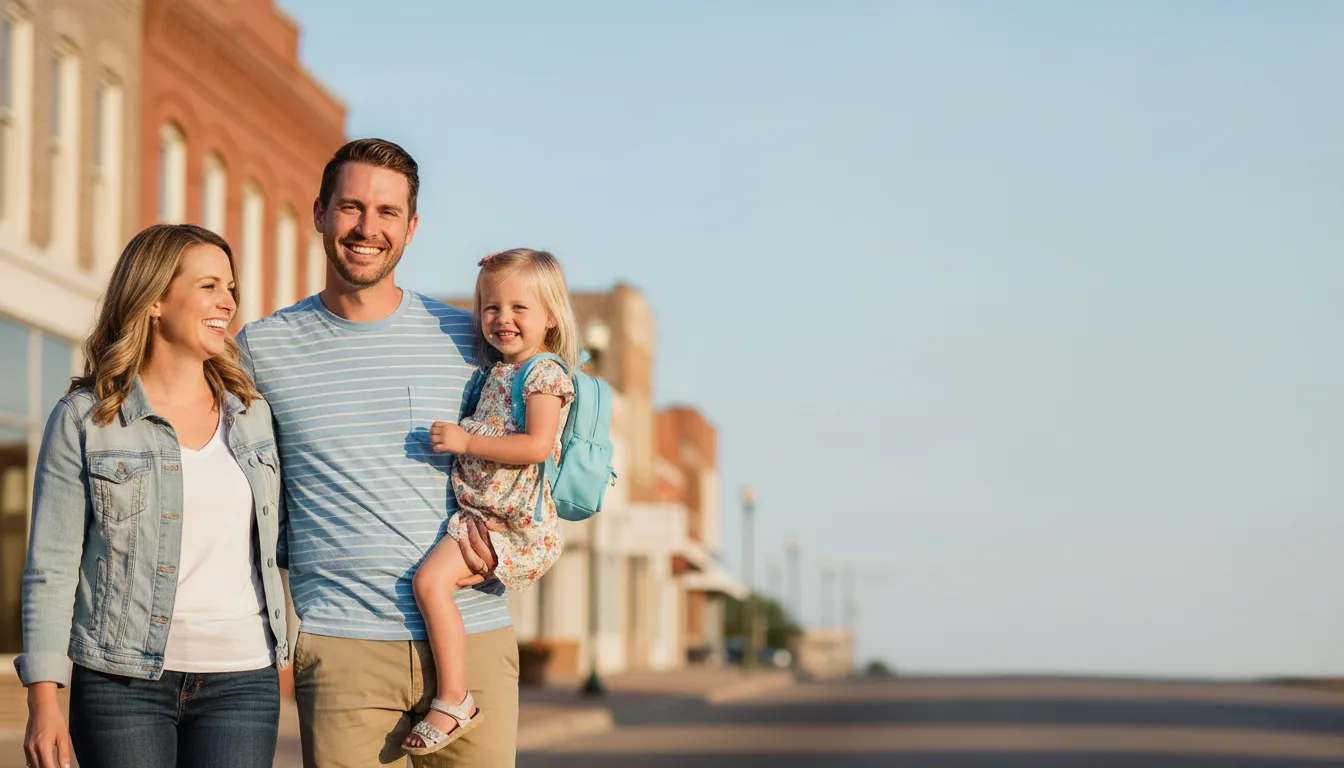 A smiling family walking together on a historic small-town Main Street